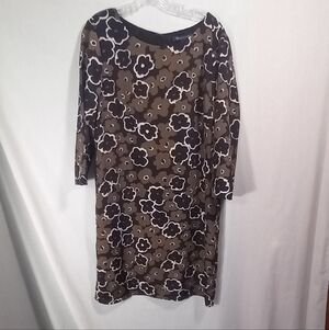 Brooks Brothers Black Brown Floral Print 3/4  Sleeve Shift Dress Size 14